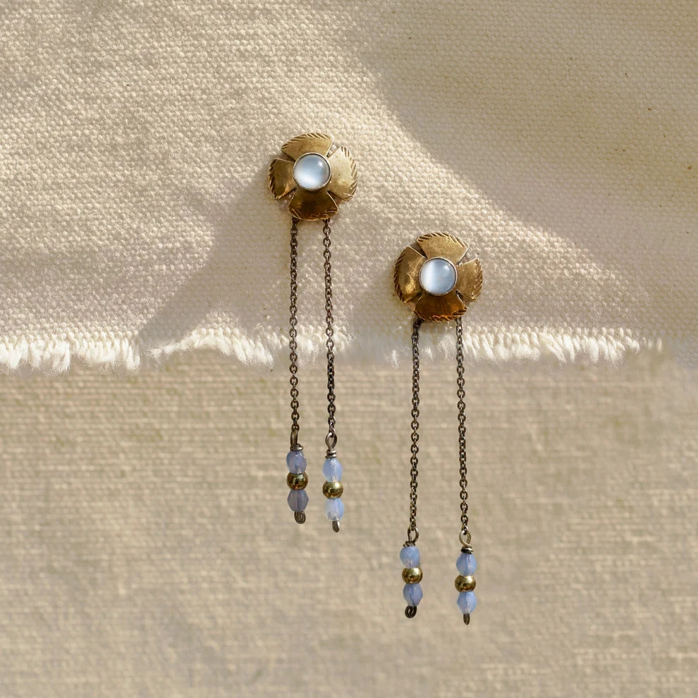 Timeless Treasures Modern Fit Petite Flora Earrings - Oxidized Brass, Sterling Silver   Blue Moonstone Glass