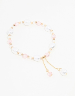 Pink & Gold Beads & Pearls Stretch Bracelet Vivid Detail