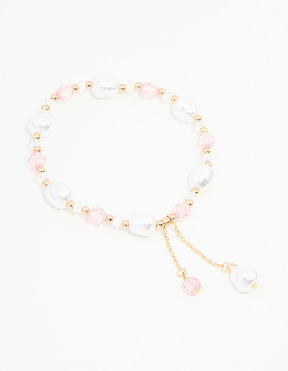 Pink & Gold Beads & Pearls Stretch Bracelet Vivid Detail