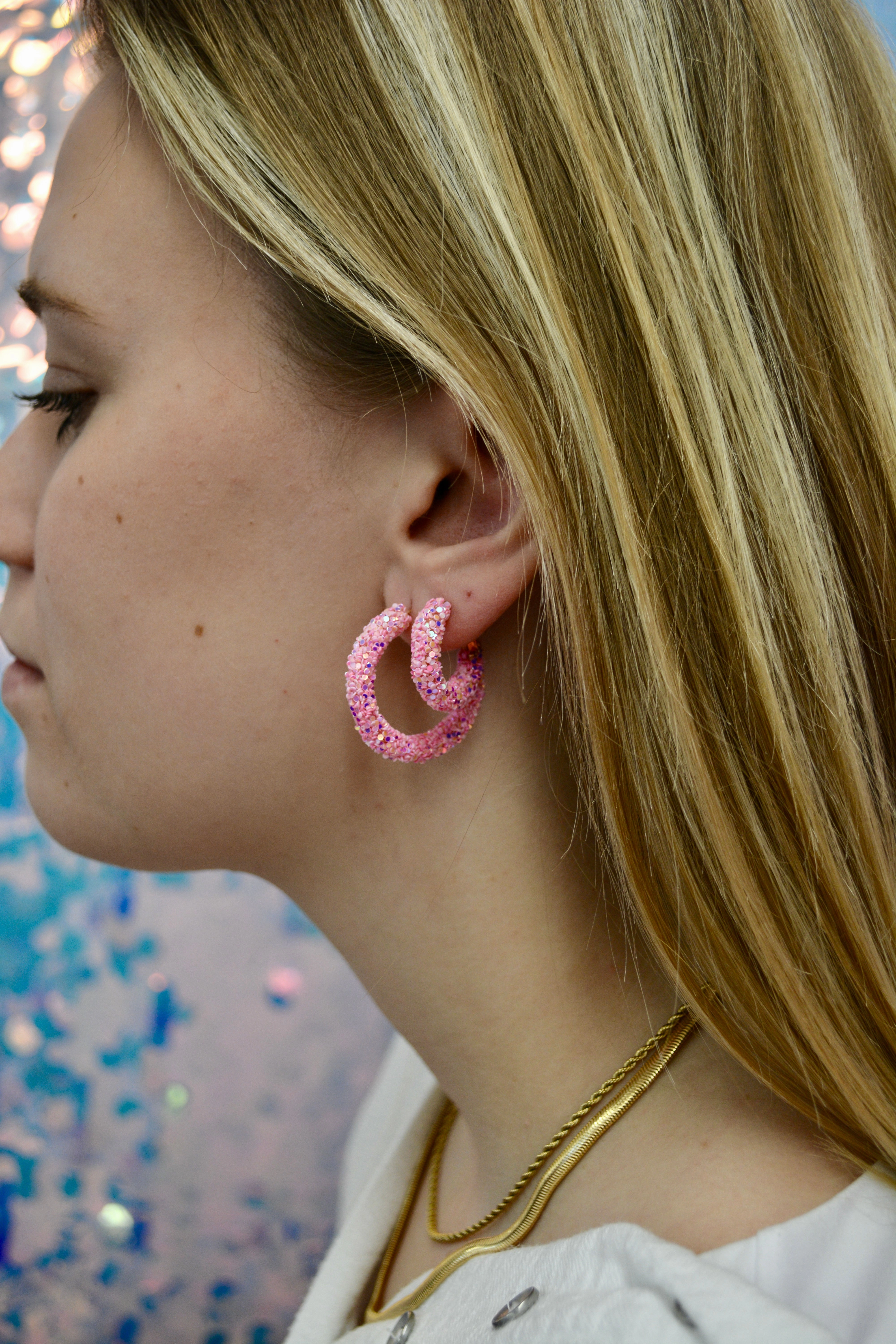 Pink Glitter Hoops Flawless Cut