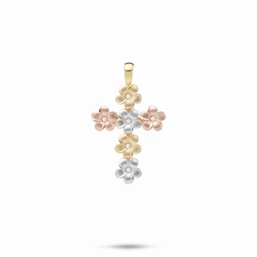 Marvelous Design Plumeria Cross Pendant with Diamonds in Tri Color Gold - 25mm