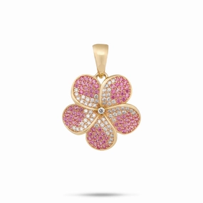 for meditation Plumeria Pink Sapphire Pendant in Gold with Diamonds - 20mm