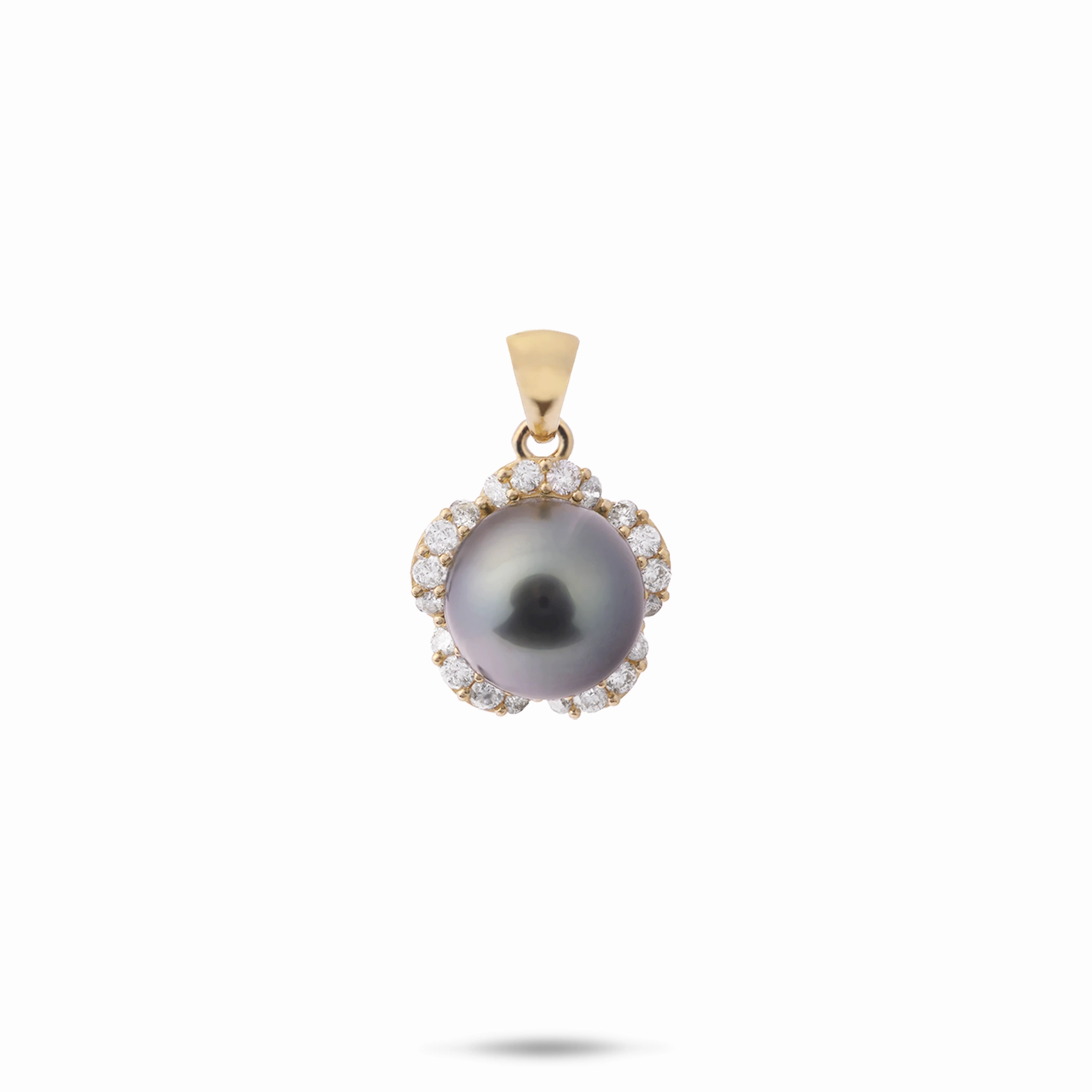 Perfect Present Plumeria Tahitian Black Pearl Pendant in Gold with Diamonds - 9-10mm