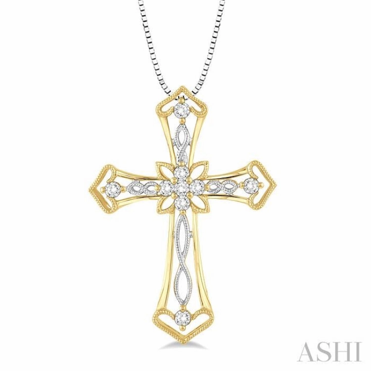 1/5 Ctw Round Cut Diamond Cross Pendant in 14K Yellow and White Gold with Chain Timeless Accent