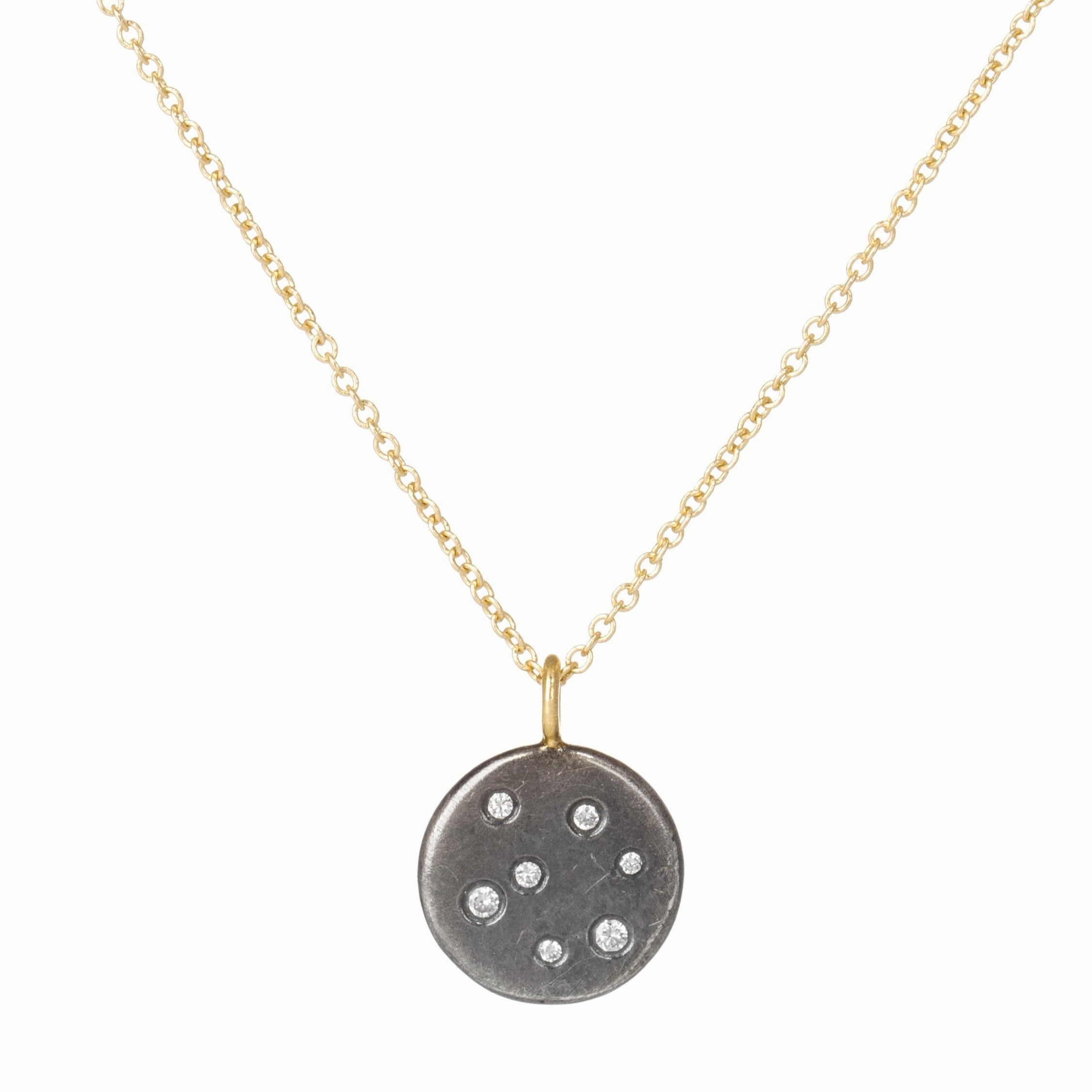 Lively Accent Luxury Highlight Black   Gold Disc Necklace on 14k Gold Chain - 14k Gold, Oxidized Silver   VS White Diamonds