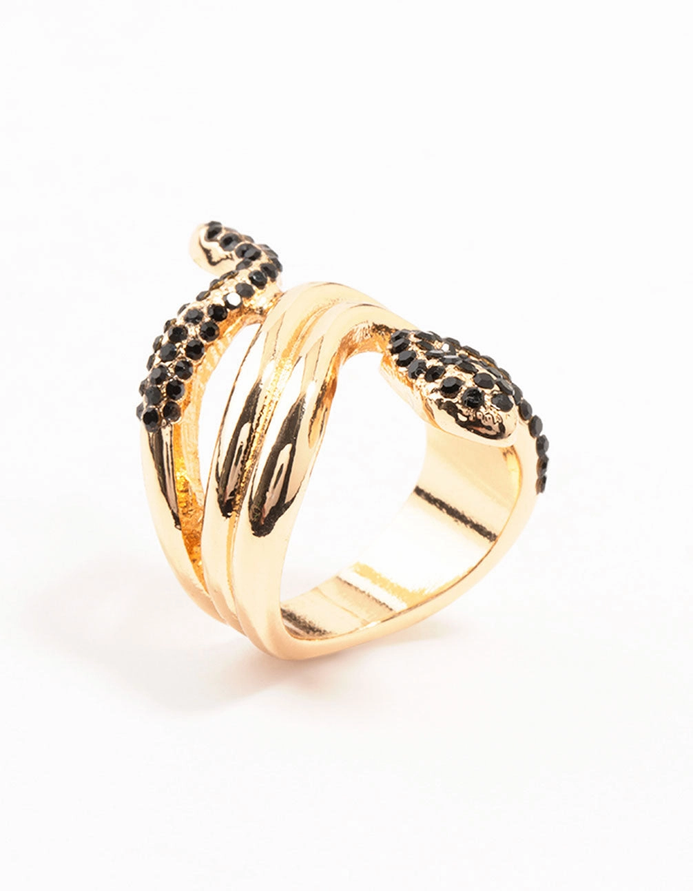 Vintage Detail Gift Idea Black Diamante & Gold Stacked Snake Ring