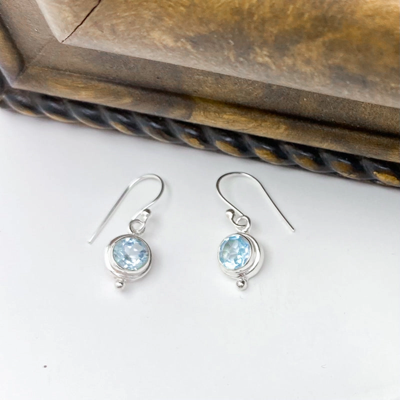 Stunning Round Blue Topaz Dangles in Sterling Silver Romantic Feature