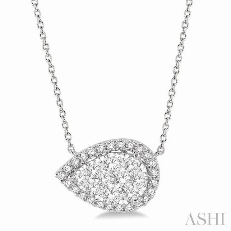 Fashion Girl Pretty Gift 1 Ctw Pear Shape Round Cut Diamond Lovebright Pendant With Chain in 14K White Gold