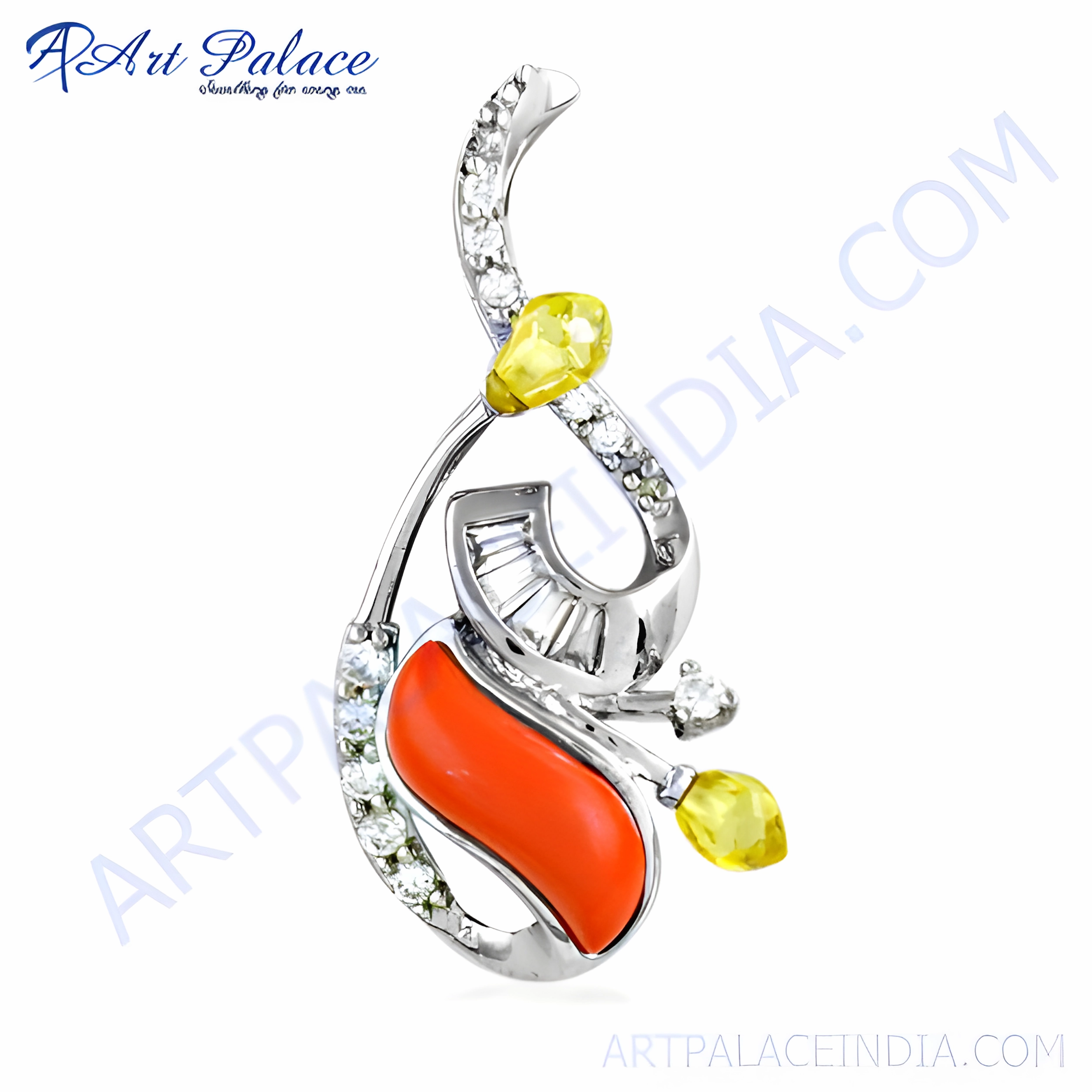 Designer Yellow & White CZ Coral Gemstone Silver Pendant - Elegant Jewelry Business Style Everyday Present