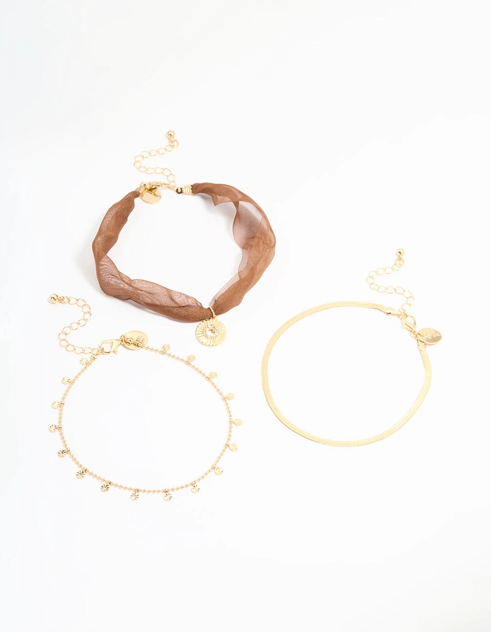 Gold Brown Fabric & Snake Chain Anklets 3-Pack youth choice