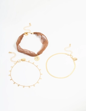 Gold Brown Fabric & Snake Chain Anklets 3-Pack youth choice