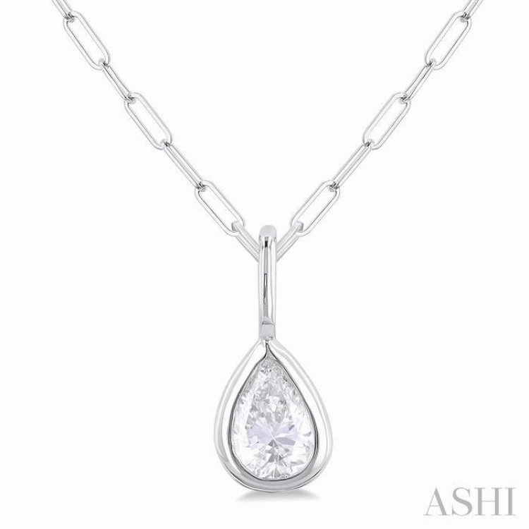 Custom Gift 1/5 Ctw Pear Cut Bezel Set Diamond Fashion Pendant With Paperclip Chain in 14K White Gold