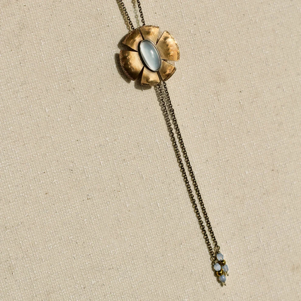 Sophisticated Jewelry Pieces Unique Pieces Flora Bolo Necklace - Oxidized Brass, Sterling Silver   Blue Moonstone Glass  w/Oxidized Sterling Silver 32" Chain
