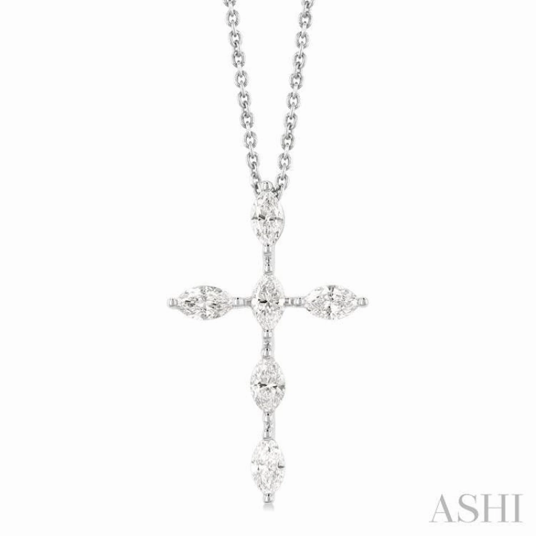 3/4 Ctw Cross 6-Stone Marquise Cut Diamond Fashion Pendant With Chain in 14K White Gold Youth fashion