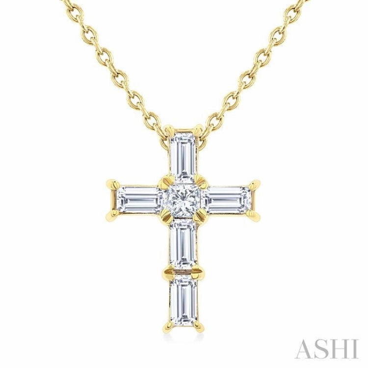 Fantastic Design Travel Essential 1/6 Ctw Princess and Baguette Cut Diamond Cross Petite Fashion Pendant With Chain in 10K Yellow Gold