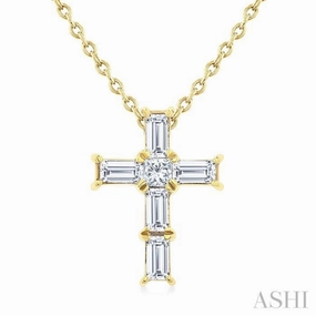 Fantastic Design Travel Essential 1/6 Ctw Princess and Baguette Cut Diamond Cross Petite Fashion Pendant With Chain in 10K Yellow Gold