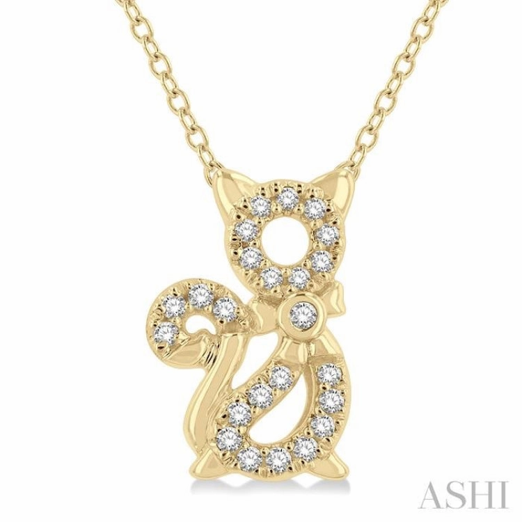 Unique Accent Pendant Jewelry 1/10 Ctw Cat Motif Petite Round Cut Diamond Fashion Pendant With Chain in 10K Yellow Gold
