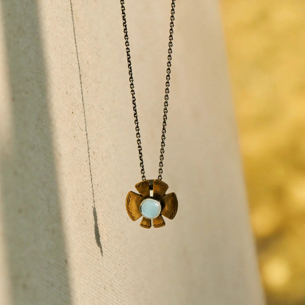 Petite Flora Necklace - Oxidized Brass, Sterling Silver   Blue Moonstone Glass Shimmering Glow