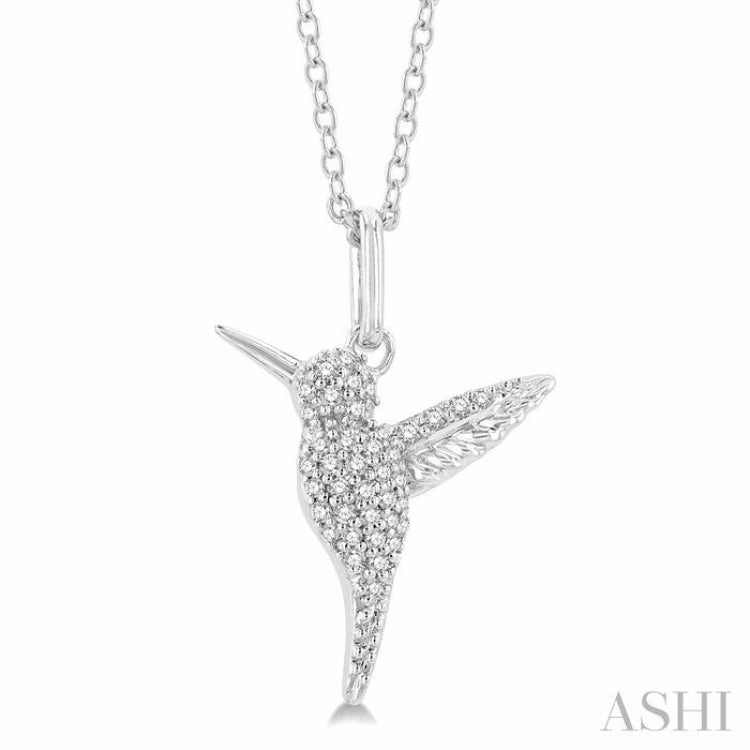Evening Party 1/6 Ctw Petite Hummingbird Round Cut Diamond Fashion Pendant With Chain in 10K White Gold