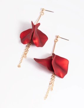 Red Petal & Chain Drop Earrings Polished Sparkle