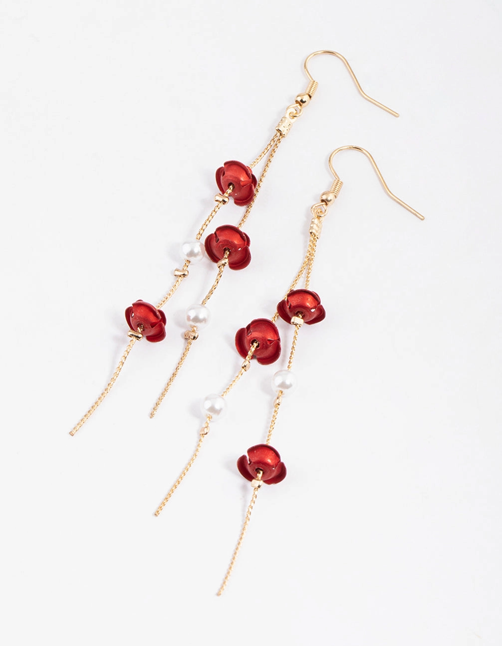 Red Rose & Pearl Chain Drop Earrings Expressive Highlight