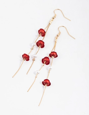 Red Rose & Pearl Chain Drop Earrings Expressive Highlight