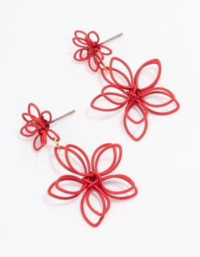 Red Wire Flower Drop Earrings Fashionable Detail