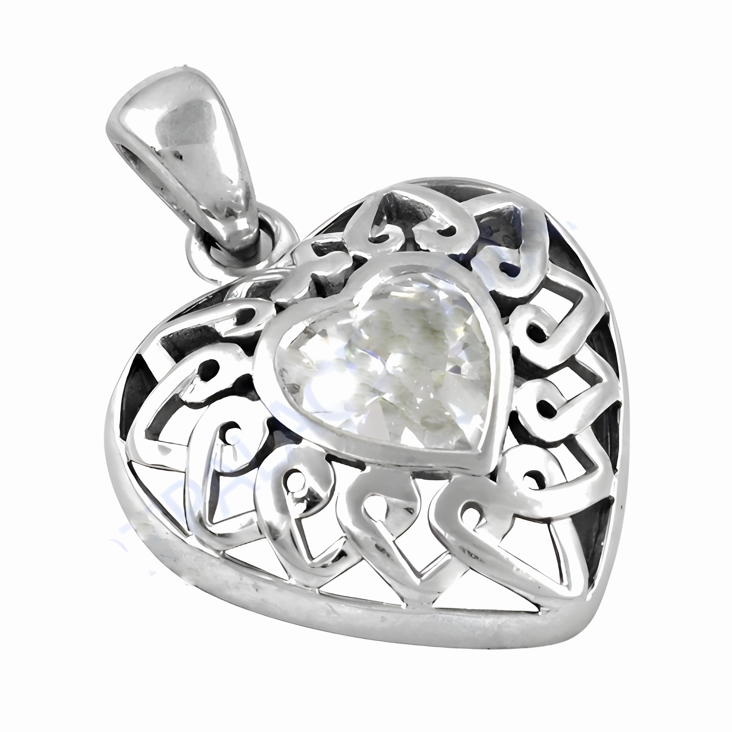 Heart Style Fretwork CZ Gemstone Silver Pendant - Elegant Jewelry Community Piece Winter Look