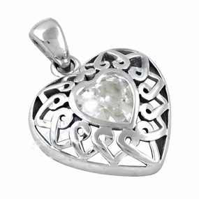 Heart Style Fretwork CZ Gemstone Silver Pendant - Elegant Jewelry Community Piece Winter Look