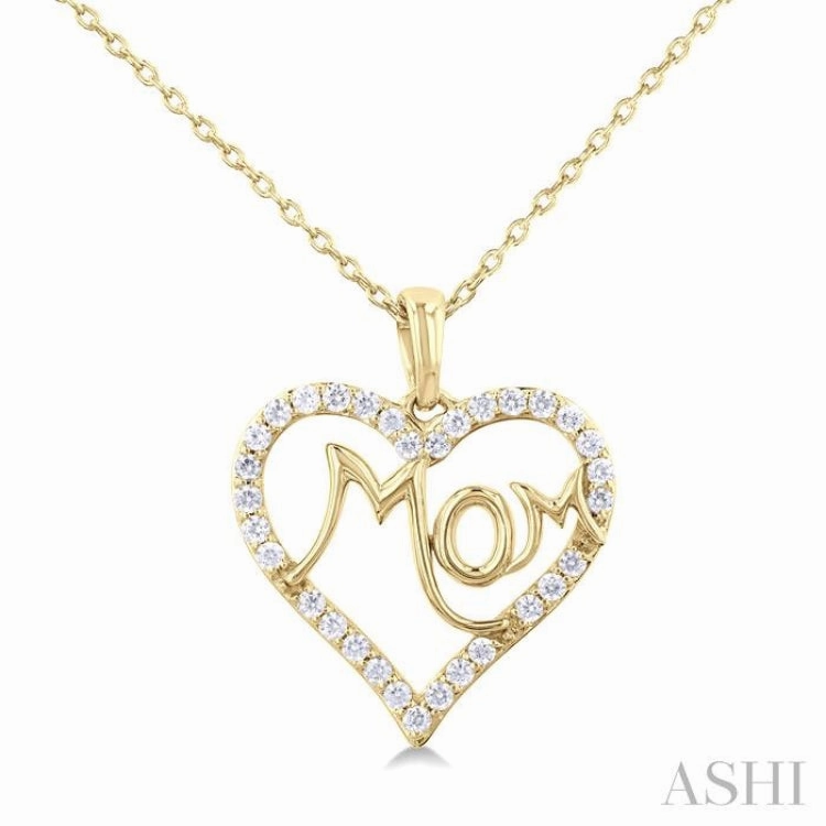 1/4 Ctw 'MOM' Heart Frame Round Cut Diamond Fashion Pendant With Chain in 10K Yellow Gold Spring Mood Personalized Adornment