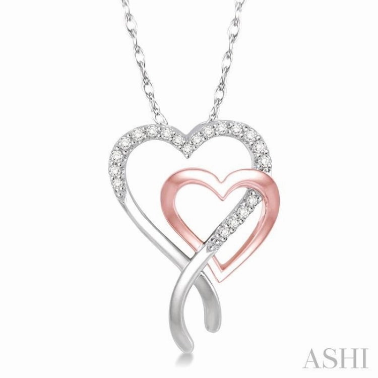 1/6 Ctw Interlocked Two Tone Double Heart Round Cut Diamond Pendant With Link Chain in 10K White and Rose Gold Contemporary Style soft look