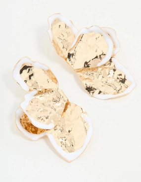 Gold & White Coated Metal Petal Drop Earrings Tasteful Accent