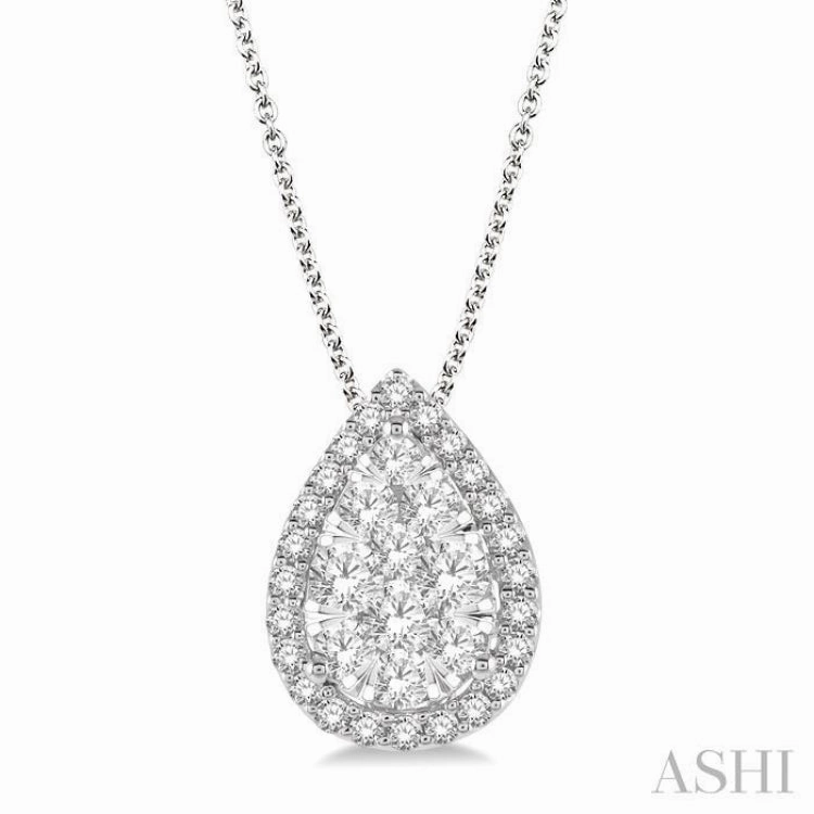 Seasonal Mood 3/4 Ctw Pear Shape Lovebright Round Cut Diamond Pendant With Chain in 14K White Gold