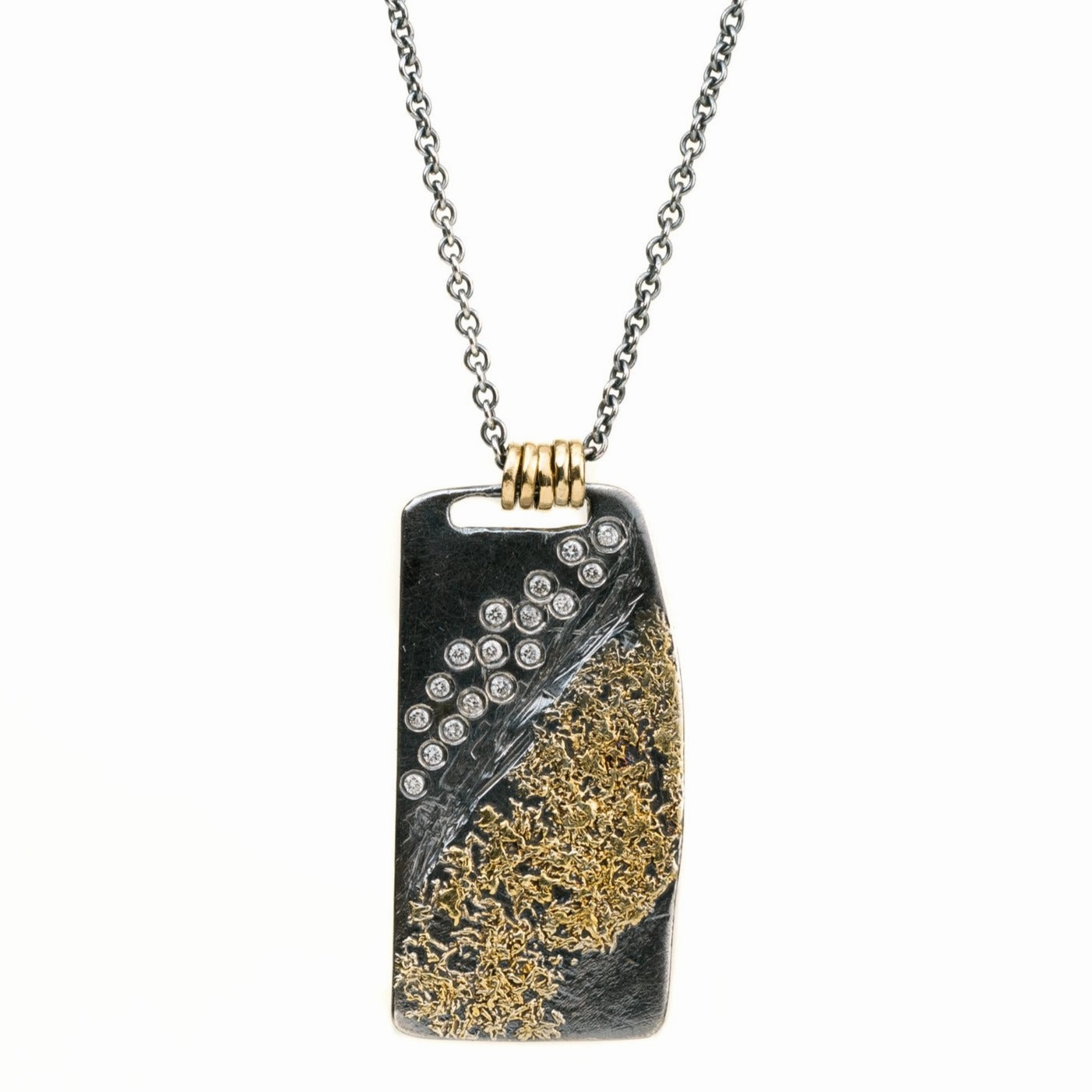 Contemporary Accent Boulder Diamond Necklace - 22k/18k Gold, Oxidized Silver   Reclaimed Diamonds