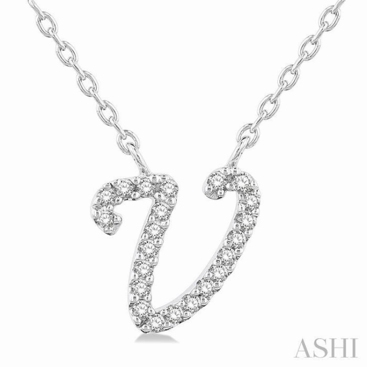 Superb Piece 1/20 Ctw Initial 'V' Round cut Diamond Pendant With Chain in 14K White Gold