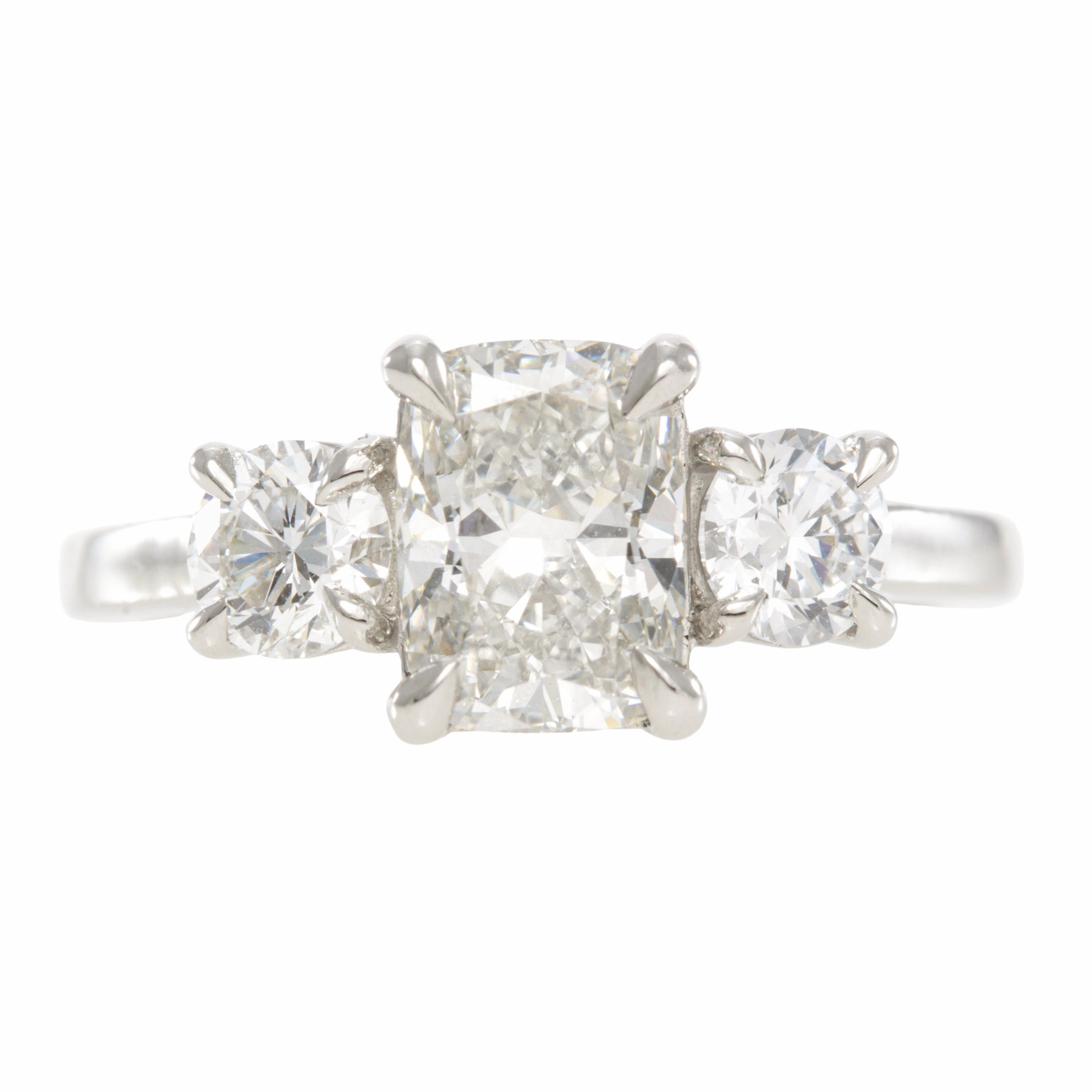 Vibrant Detail Lab Grown Cushion Diamond flanked by Two Round Diamonds - Platinum Prong Setting