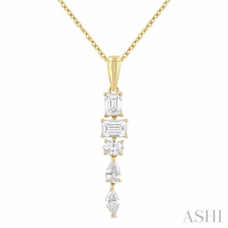 Distinctive Design 7/8 Ctw Mixed Diamond Cut Dangle Fashion Pendant With Chain in 14K Yellow Gold