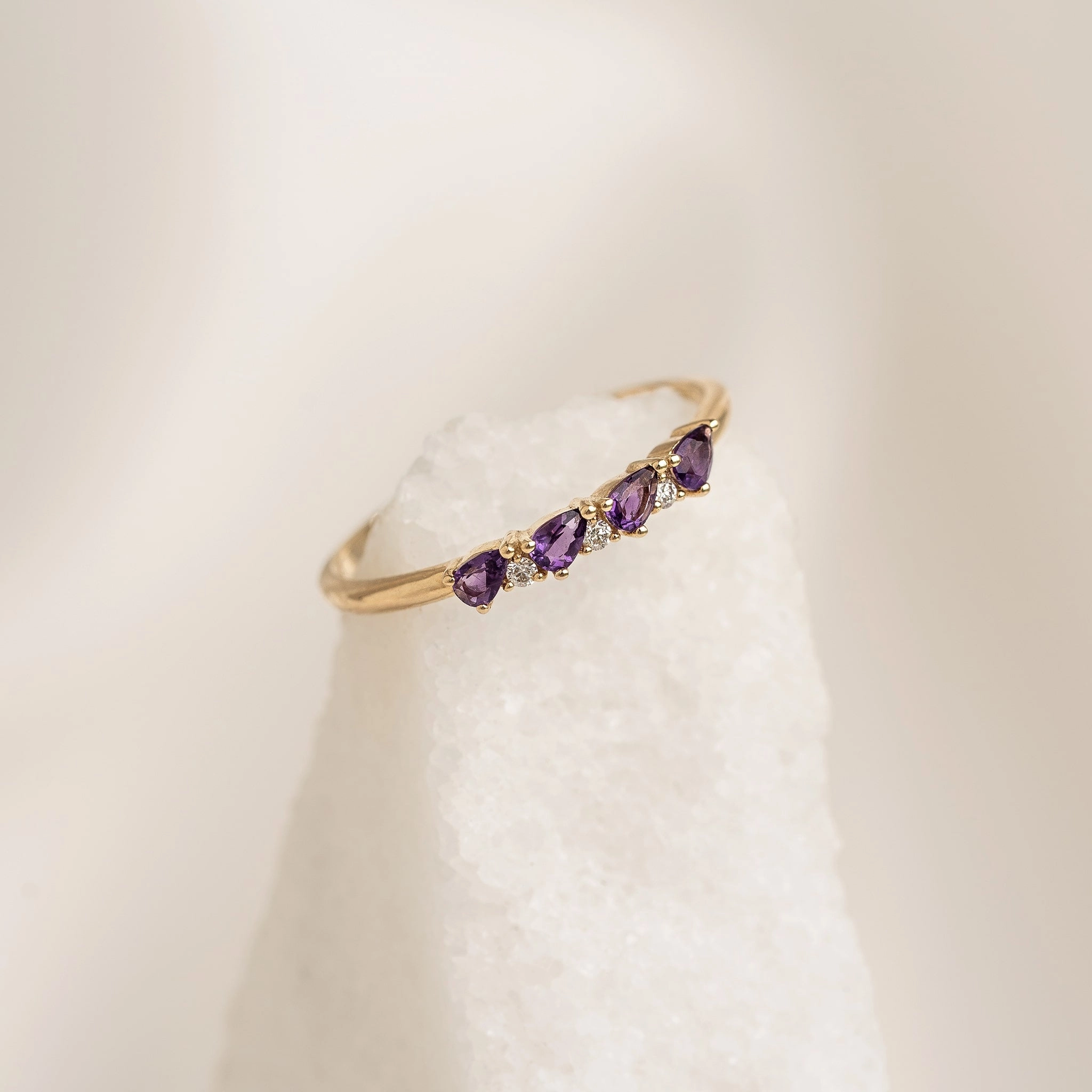 Cute Gift February Birthstone Pear Ring 14k Gold - Amethyst and Diamond