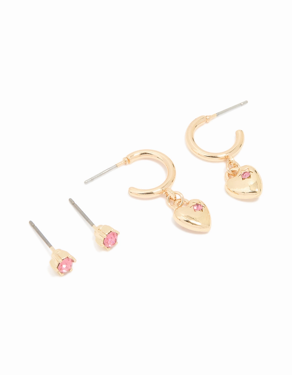 Modern Attire Gold Pink Diamante Heart Huggie & Stud Earrings 2-Pack