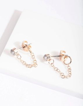 Rose Gold Crystal Chain Stud Earrings Pretty Touch