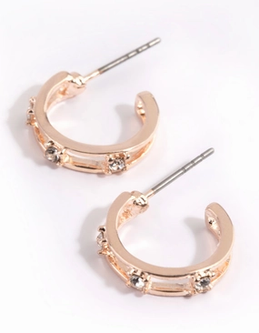 Rose Gold Diamante Huggie Hoop Earrings Graceful Contour