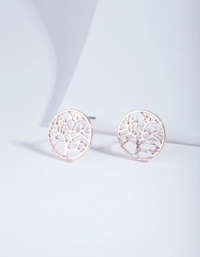 Rose Gold Tree Of Life Stud Earrings Layered Spark
