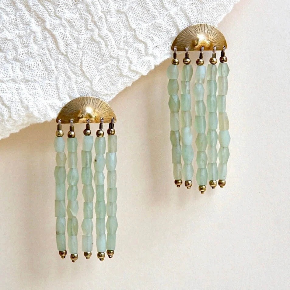 Work Day Style Sacred Roots Earrings - Oxidized Brass, Sterling Silver   Jade Gemstone Beads