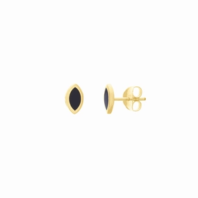 Iridescent Accent High-Quality Accessory 14k Yellow Gold Black Enamel Marquise Stud Earrings
