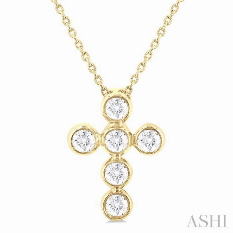 Effortless Charm Bright Feature 1/4 Ctw Round Cut Diamond 6-Stone Bezel Set Cross Pendant With Chain in 14K Yellow Gold
