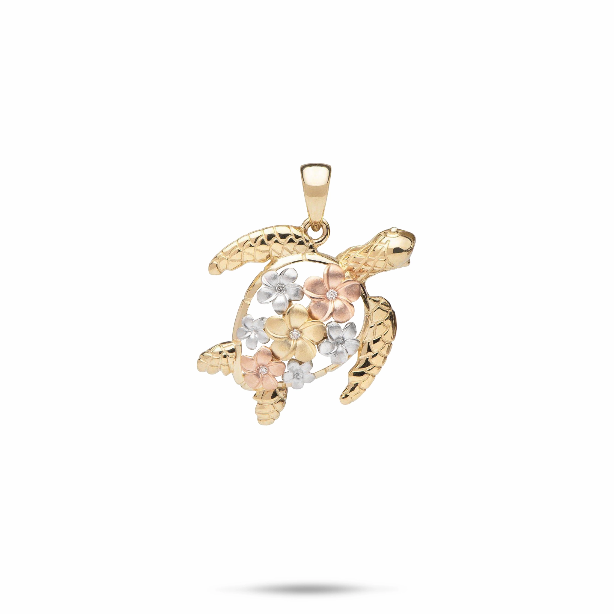 Plumeria Honu (Turtle) Pendant in Tri Color Gold with Diamonds - 18mm For Groom Distinctive Present