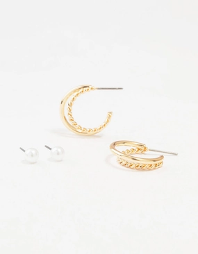 Unique Vibe Distinctive Style Gold Pearl Studs & Twisted Hoop Earrings 2-Pack