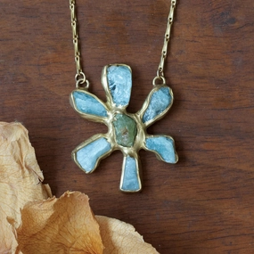 Sea Flower Pendant - Brass, Aquamarine   Green Garnet Lightweight Accent Fresh Statement