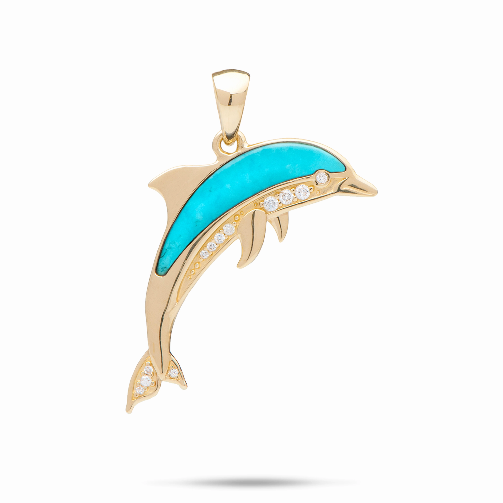 Sealife Dolphin Turquoise Pendant in Gold with Diamonds - 29mm Handcrafted Touch