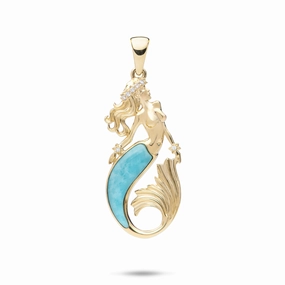 Vintage Style Sealife Mermaid Turquoise Pendant in Gold with Diamonds - 30mm